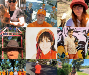 Collage of people wearing orange in support of the Walk Against Family Violence